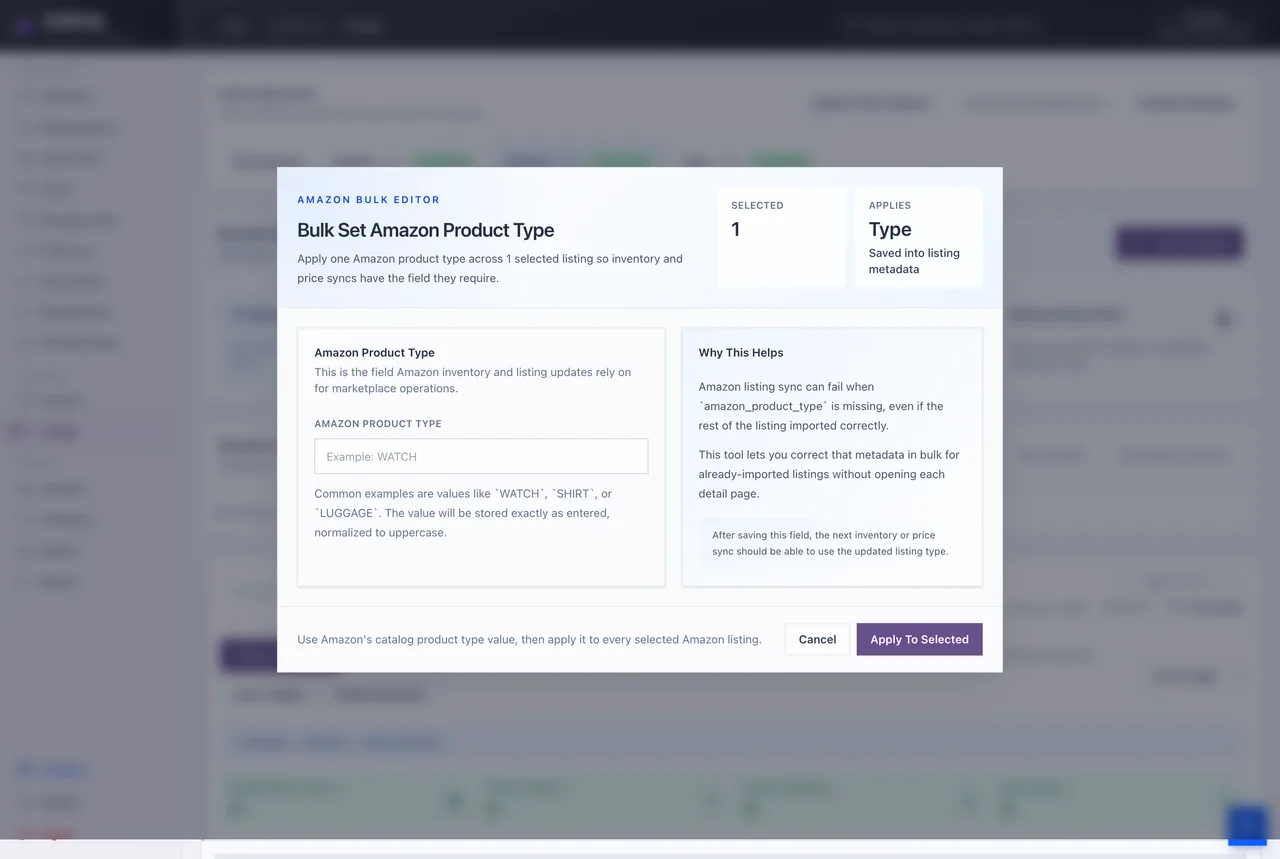 Inskeep Amazon bulk listing repair workflow for correcting marketplace product metadata