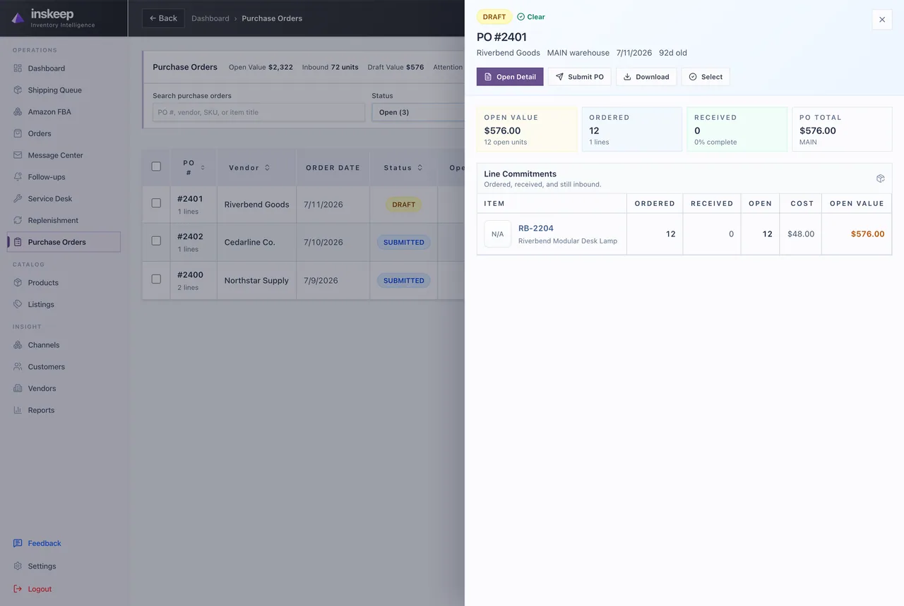 Inskeep purchase order preview showing ordered, received, open units, vendor, and cost
