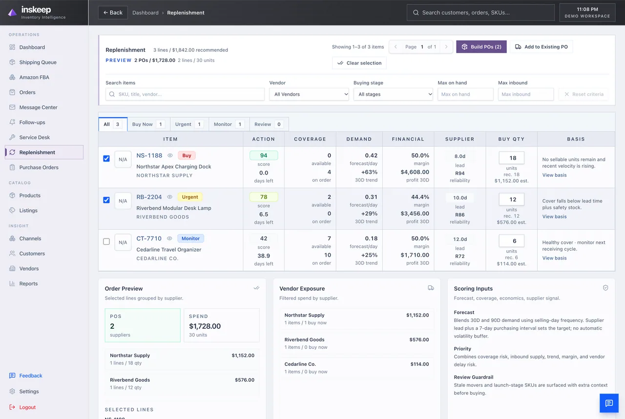 Inskeep replenishment workbench showing reorder signals, inventory coverage, demand, suppliers, and recommended quantities